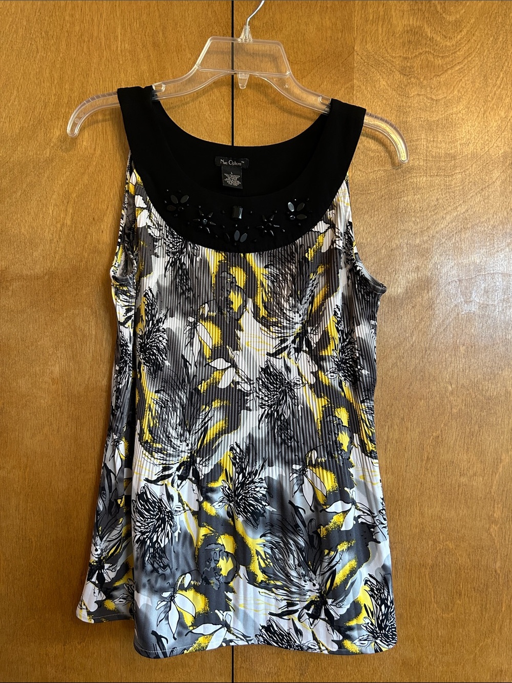 Nue Options Black, White and Yellow Floral Pleated Tank